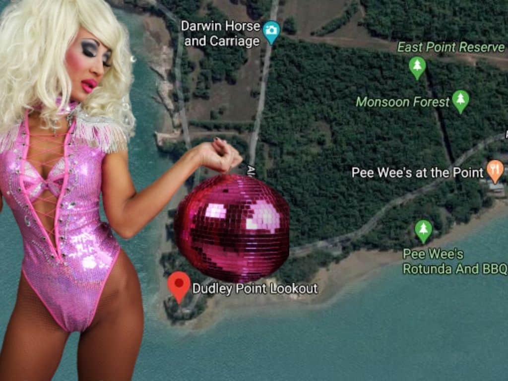 Drag queen superimposed over East Point Reserve