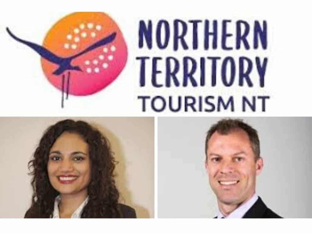 Tourism NT A graphic showing the NT Tourism brolga logo, NT Tourism Minister Lauren Moss and Acting NT Tourism acting chief executive Andrew Hopper