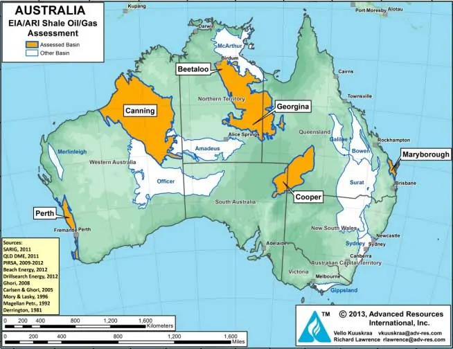 Map of Australian onshore gas fields including Beetaloo.