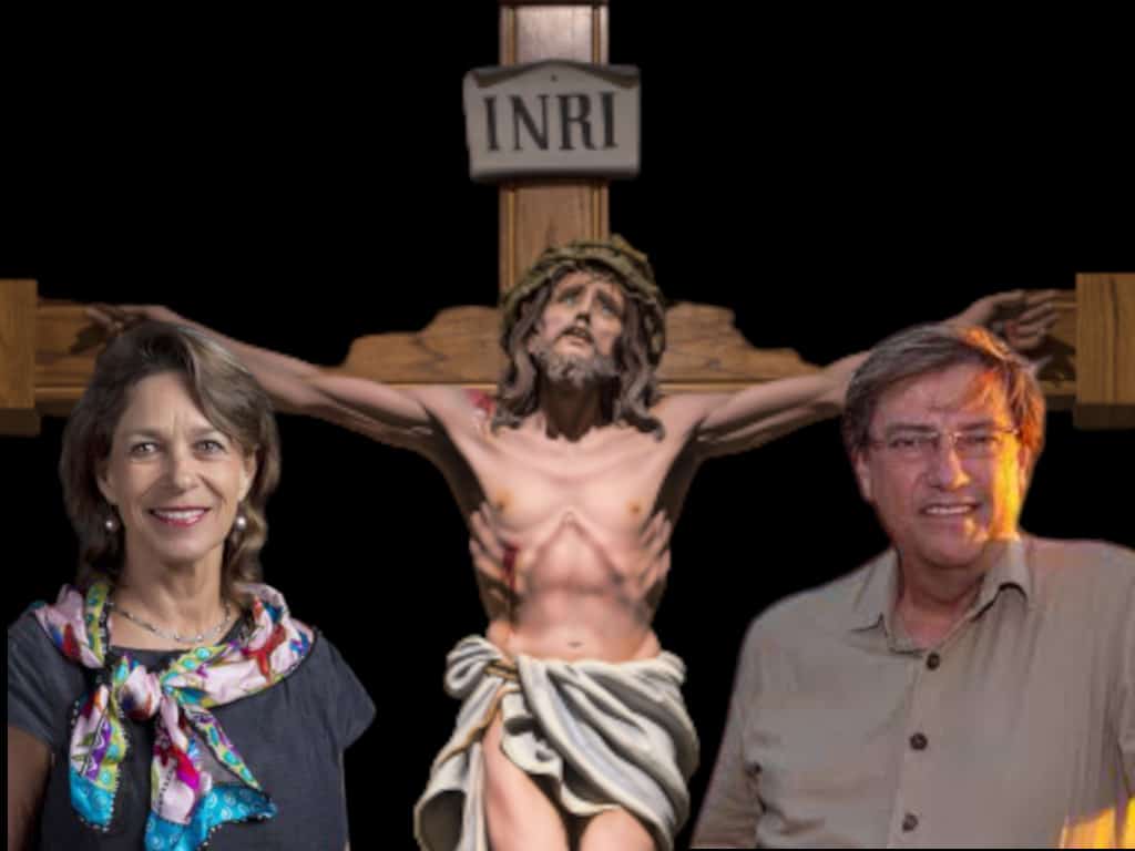 A graphic with Darwin Council's Robin Knox and Gary Haslett with crucifix