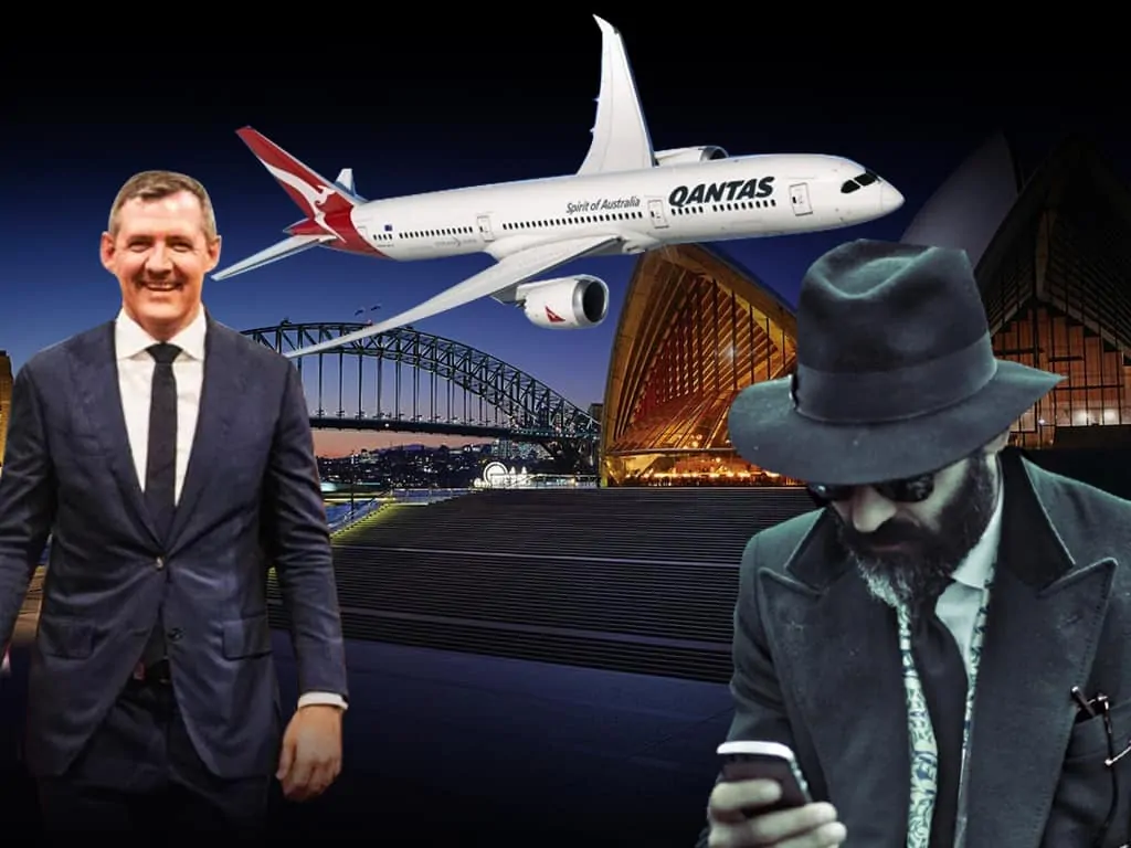 Graphic of Michael Gunner in Sydney with plane and tailor Roger Shamoun
