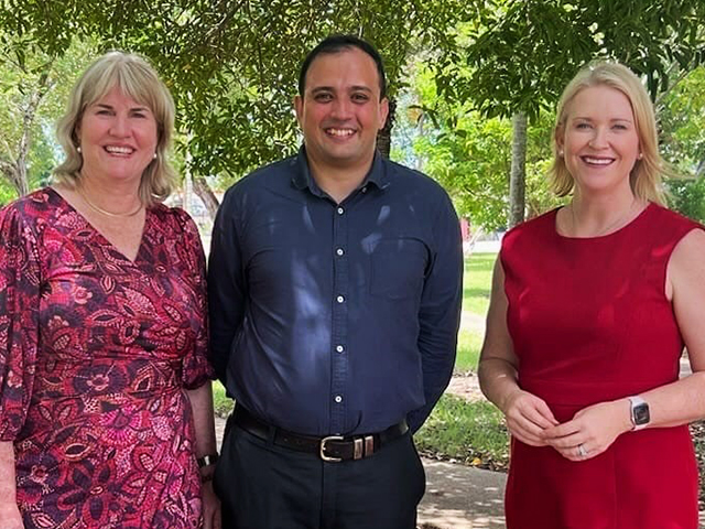 Shlok Sharma with Nicole Manison and Eva Lawler-Wanguri